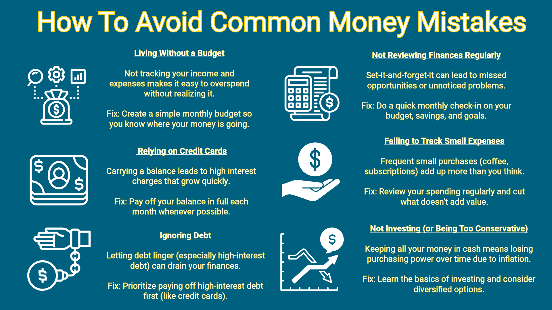 Visual with ideas about how to avoid common money mistakes.